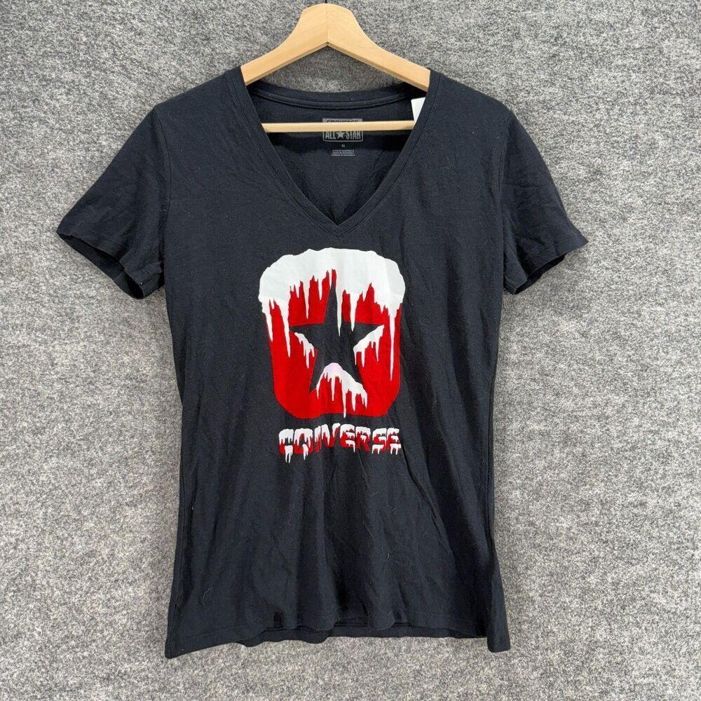 New Converse T-Shirt Women M Medium Black Logo V-Neck Short Sleeve Cotton Casual